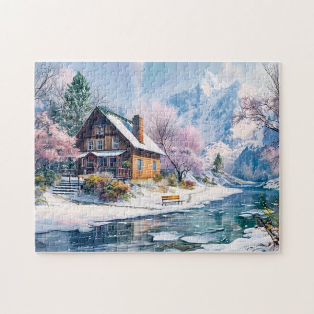Hütte im Frühling mit Blüten Puzzle (Horizontal)
