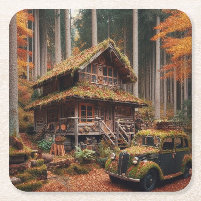 Hütte im Wald mit einem Oldtimer Rechteckiger Pappuntersetzer (Vorderseite)