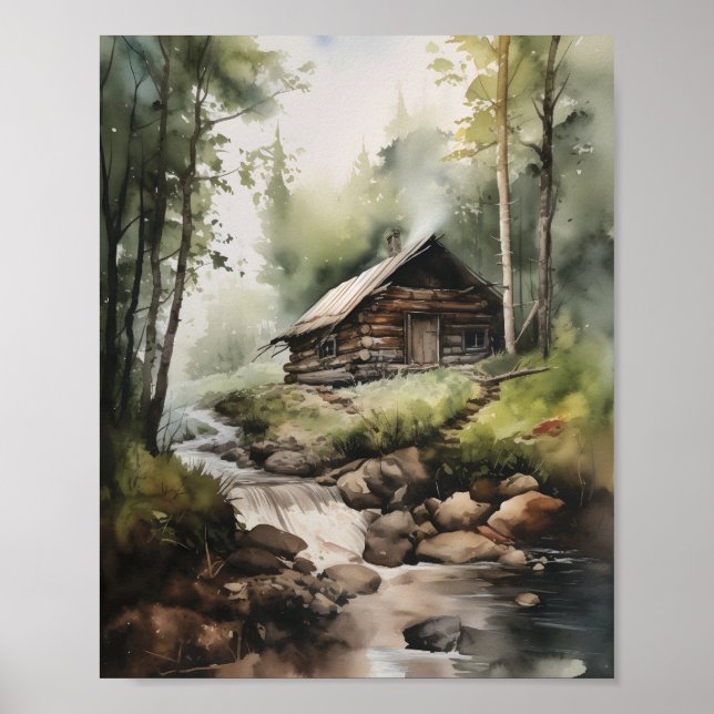 Hütte im Wald mit Wasserstrahl Poster (Vorne)