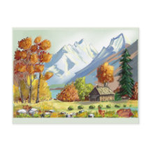 Hütte in den Bergen, Herbstfarben. Gemälde.