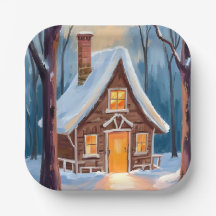 Hütte in den schneebedeckten Winterwäldern Aquarel