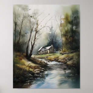Hütte in der Waldlandschaft Poster