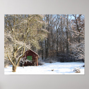Hütte in einem weißen Wald Poster