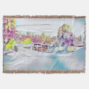 Hütte in einer bunten Winterlandschaft Aquarell Decke
