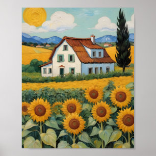 Hütte inmitten von Sonnenblumenfeldern Poster