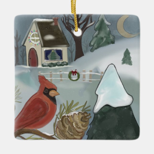 Hütte Kardinal Weihnachten Keramikornament (Vorderseite)