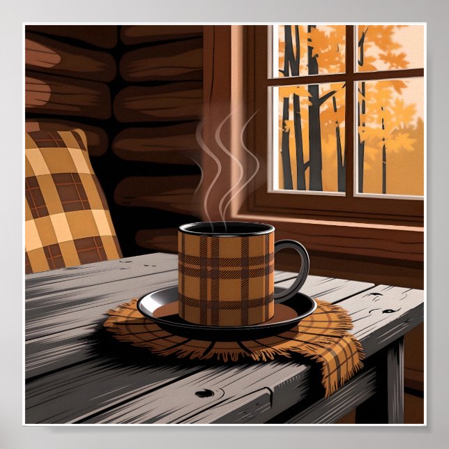 Hütte Karierter Kaffee Herbstwald Rustikale Zuhaus Poster (Vorne)