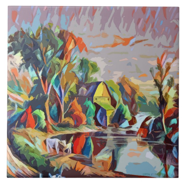 Hütte Kühe Teich Landschaft Abstrakte Kunst Fliese (Vorderseite)