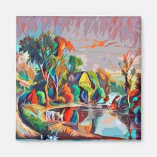 Hütte Kühe Teich Landschaft Abstrakte Kunst Magnet