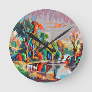 Hütte Kühe Teich Landschaft Abstrakte Kunst Runde Wanduhr