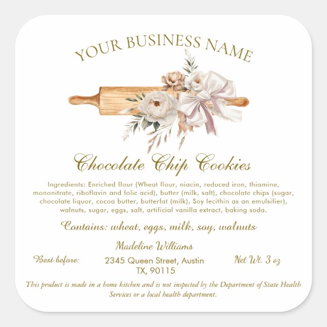 Hütte Law Label Zuhause Bakery Ingredients Aufkleb Quadratischer Aufkleber (Vorderseite)