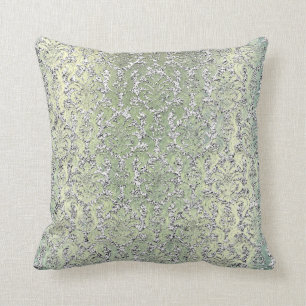 Hütte Mint Green Damask Silver Metallic Glitzer Kissen