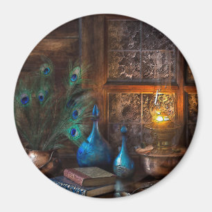 Hütte mit Lampenlicht Szene braun blau rustikal Magnet