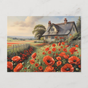 Hütte mit Zaun und Mohnwiese Postkarte