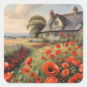 Hütte mit Zaun und Mohnwiese Quadratischer Aufkleber