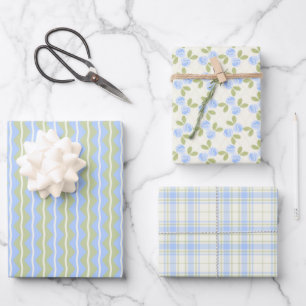 Hütte Rose, Tartan und Streifen Set in Himmelblau Geschenkpapier Set