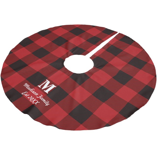 Hütte Roter Büffel Lumberjack karierte Monogramm Polyester Weihnachtsbaumdecke (Schrägansicht)