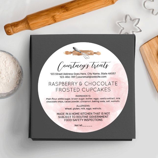 Hütte Runder Aufkleber (Blush pink watercolor food license stickers for your bakery or catering business)