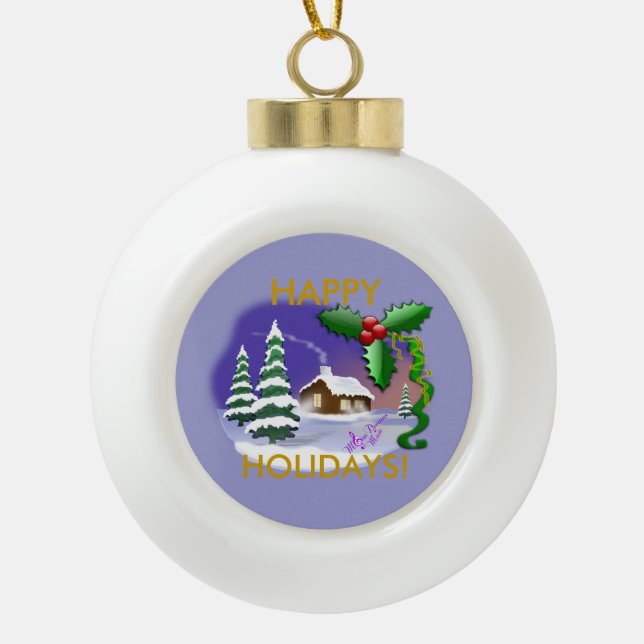 Hütte Snow Happy Holidays Keramik Ornament Ball (Vorderseite)