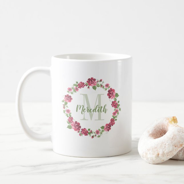 Hütte Stil florrosa Rosen Kränze Monogramm Kaffeetasse (Mit Donut)