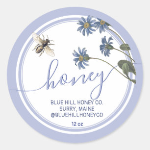 Hütte Style Blue Flowers Honey Label mit Biene Runder Aufkleber
