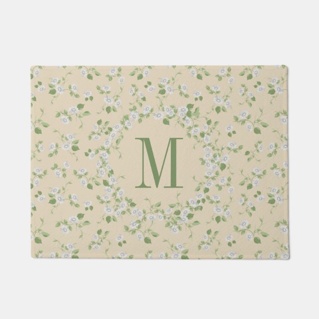 Hütte Style Floral White Daisies Cream Monogram Fußmatte (Vorderseite)