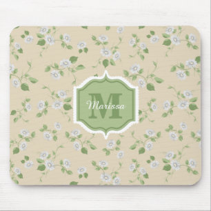 Hütte Style Floral White Daisies Cream Monogram Mousepad