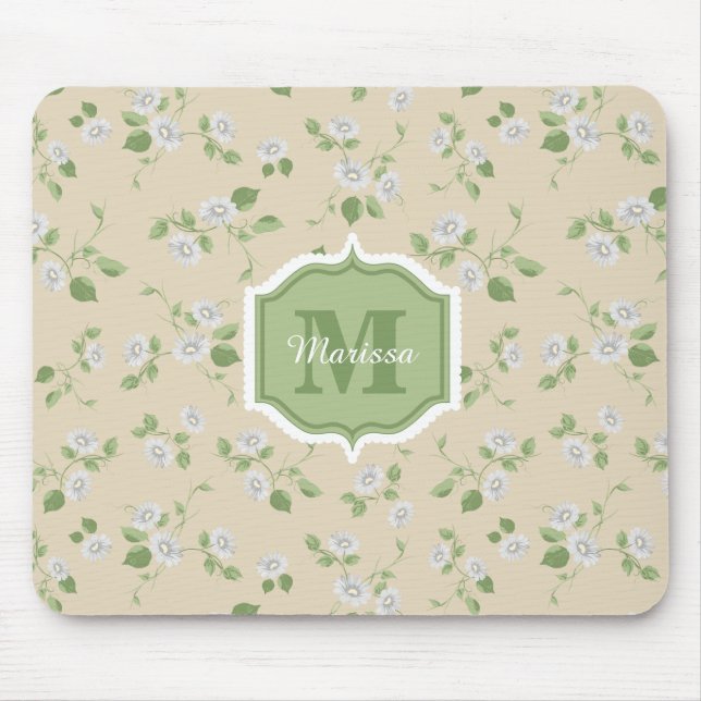 Hütte Style Floral White Daisies Cream Monogram Mousepad (Vorne)