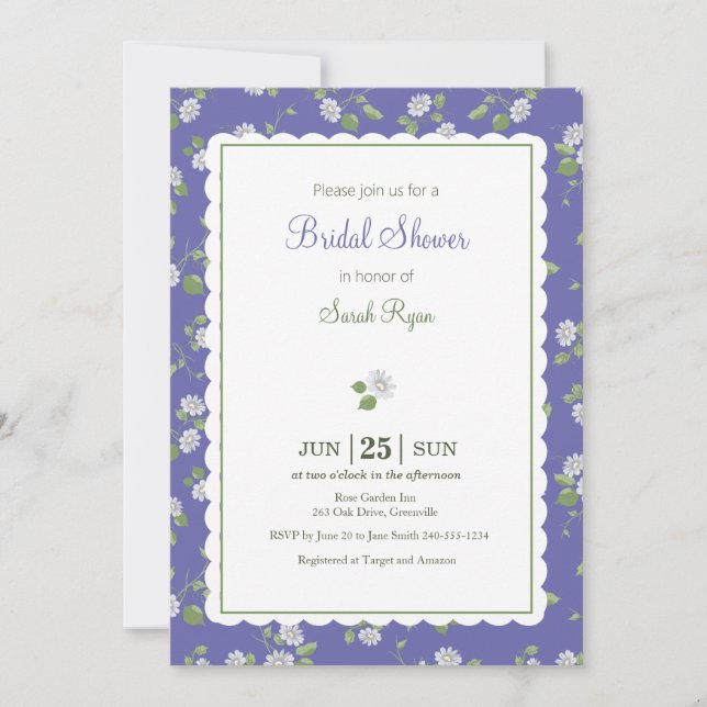 Hütte Style Periwinkle Floral Daisies Einladung (Vorderseite)