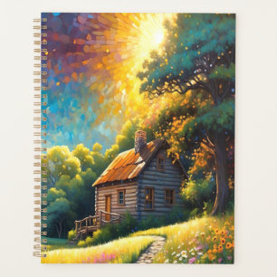 Hütte und Blumen auf einer bunten Wiese Planer