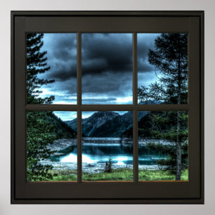 Hütte View Imitate Fenster Illusion 24x24 Schwarz Poster