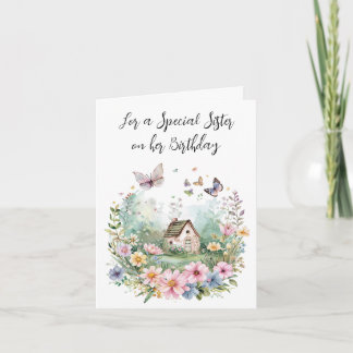 Hütte von Aquarellen im Blumenkranz für Schwester Karte