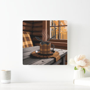 Hütten-Karo-Kffee-Herbstwald-Rustikale Heimkunst Quadratische Wanduhr