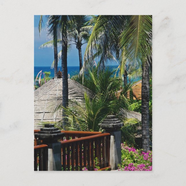 Hütten mit rotem Strohdach am Strand, Nusa Dua, Ba Postkarte (Vorderseite)