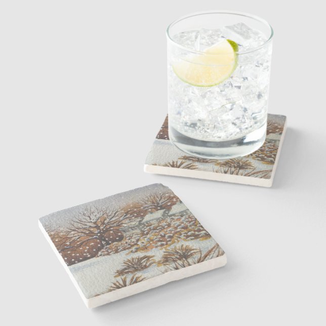 Hütten Schneeszene Weihnachten Steinuntersetzer (Seitenansicht)