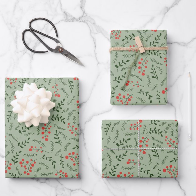 Hüttenlaurel grünes, rotes Blattmuster niedlich Geschenkpapier Set (Vorderseite)