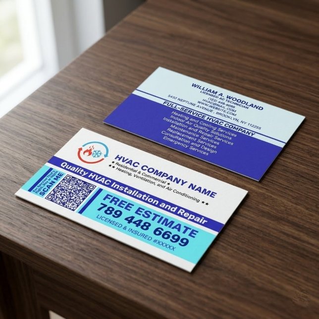 HVAC-Logo & QR-Code & Slogans | Installation & Rep Visitenkarte (professional hvac repair cards, air conditioning installation cards, custom logo for hvac company)