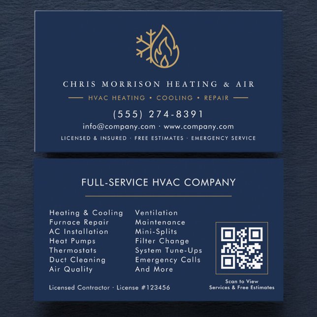 HVAC Services Company Navy Blue Gold QR Code Visitenkarte (Von Creator hochgeladen)