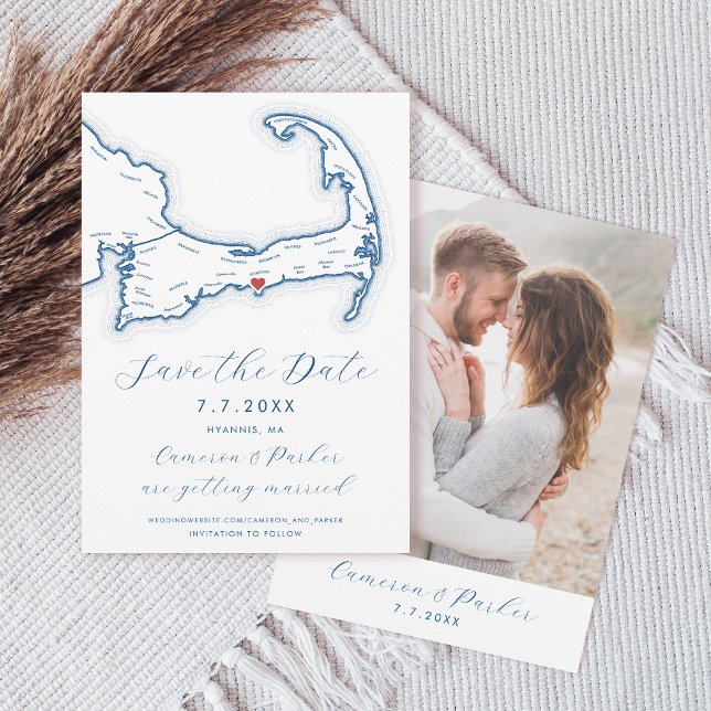 Hyannis MA Cape Cod Map Navy Blue Wedding Save The Date (Hyannis MA Cape Cod Map Save the Date with Photo in Elegant Modern navy blue by Coastal Map Designs)