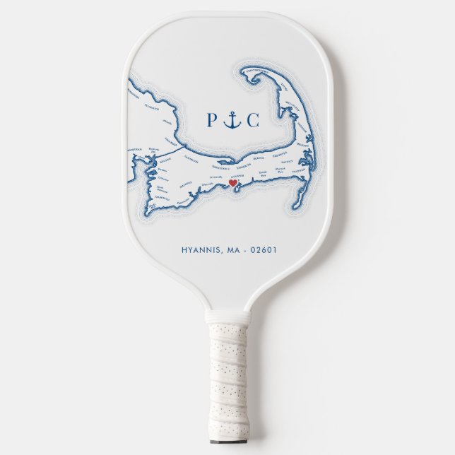 Hyannis MA Map Navy Blue Monogram Pickleball Schläger (Vorderseite)
