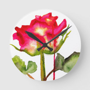 Hybrid Tee Rose Aquarell Moderne Blume Kunst Runde Wanduhr