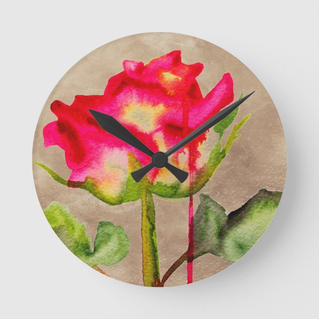 Hybrid Tee Rose Aquarell Moderne Blume Kunst Runde Wanduhr (Vorderseite)