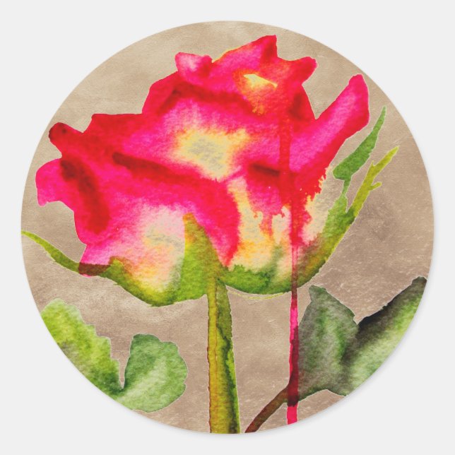 Hybrid Tee Rose Aquarell Moderne Blume Kunst Runder Aufkleber (Vorderseite)