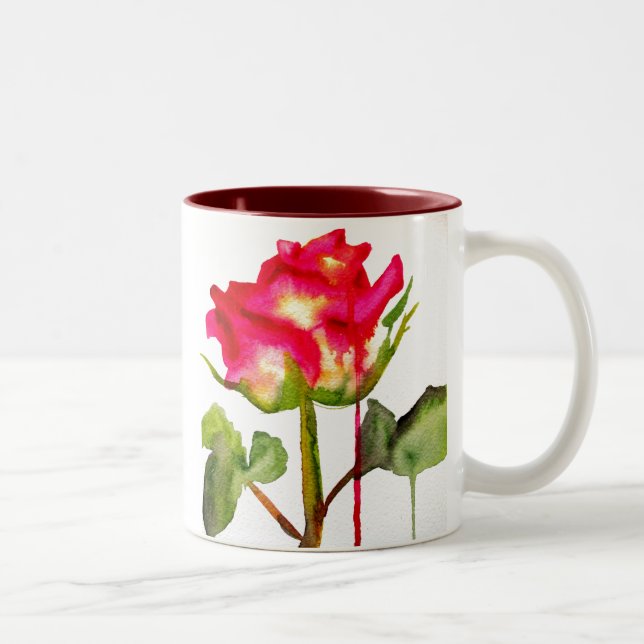 Hybrid Tee Rose Aquarell Moderne Blume Kunst Zweifarbige Tasse (Rechts)
