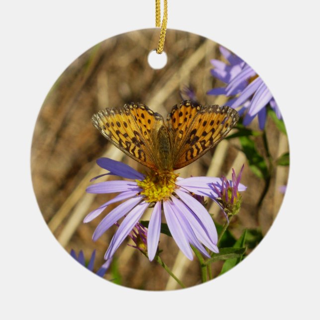 Hydaspe Fritillary auf Lila Aster-Blume Keramikornament (Vorne)