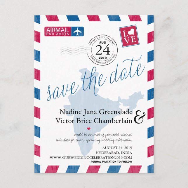 Hyderabad, India Airmail Wedding Save the Date Ankündigungspostkarte (Vorderseite)