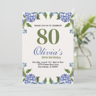 Hydrangea 80. Geburtstag, blau und grün Einladung