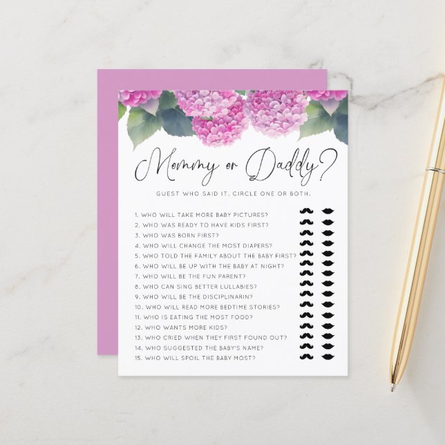 Hydrangea Baby Shower Mommy oder Daddy Games (Vorderseite/Rückseite Beispiel)