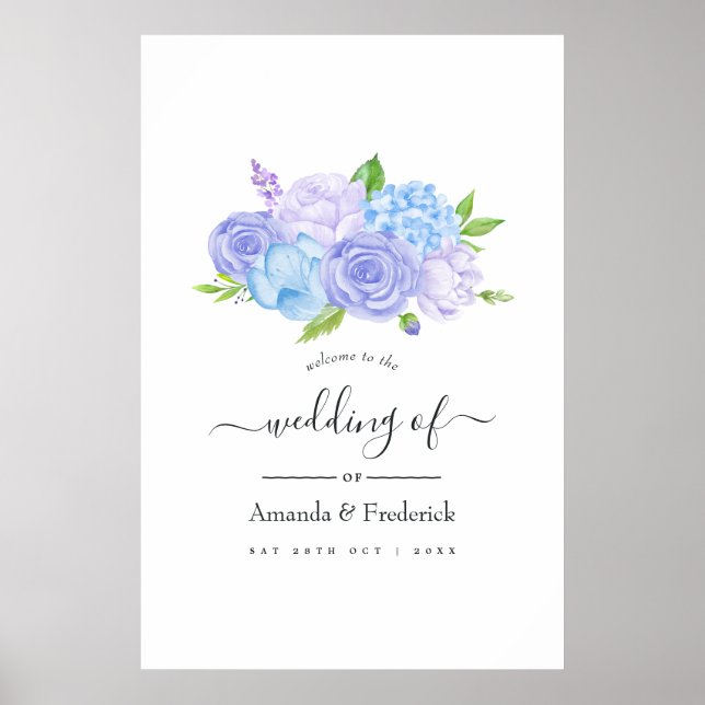 Hydrangea Blue and Light Lavender Wedding Willkomm Poster (Vorne)