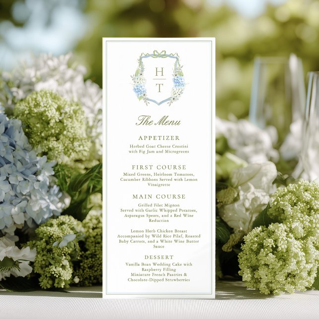 Hydrangea Blue Floral Crest Wedding Menükarte (Von Creator hochgeladen)